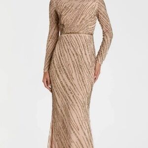 Mac Duggal Nude Beaded Long-Sleeve Evening Gown
